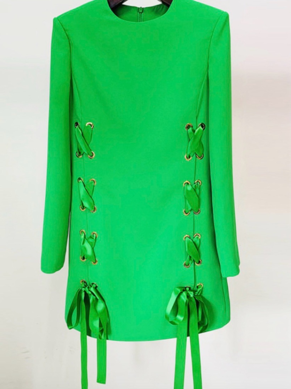 Lacey Lace Up Dress Brand by Wisteria/ Long Sleeve Mini Dress Green / Small NwT